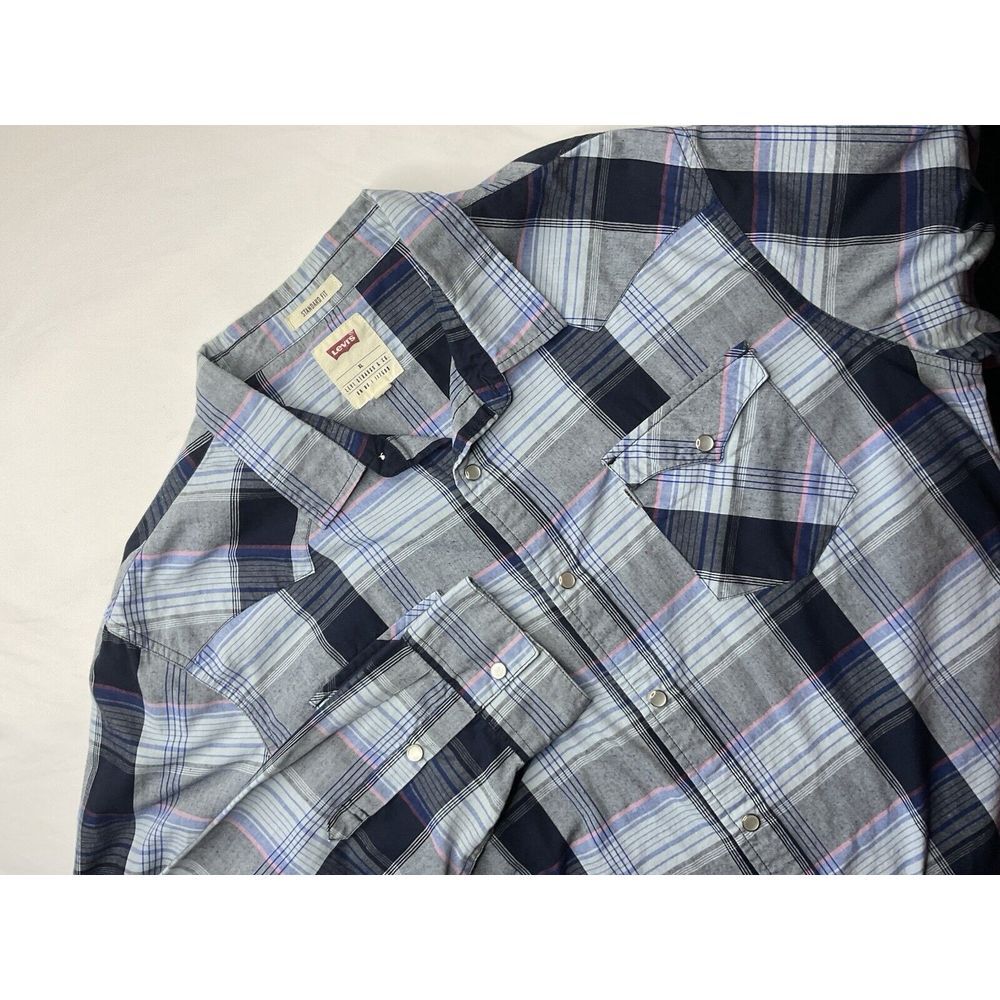 Levis Mens XL Pearl Snap Shirt Blue Plaid Long Sleeve Western Rodeo BAR STOOL